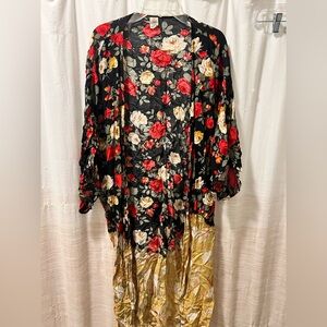 Urban Renewal Black Kimono with Red and Cream Floral Design